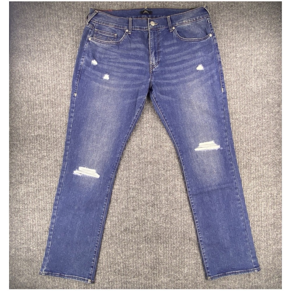True Religion Ricky Relaxed Straight Jeans Mens 40 Blue Comet Wash Rip Repair